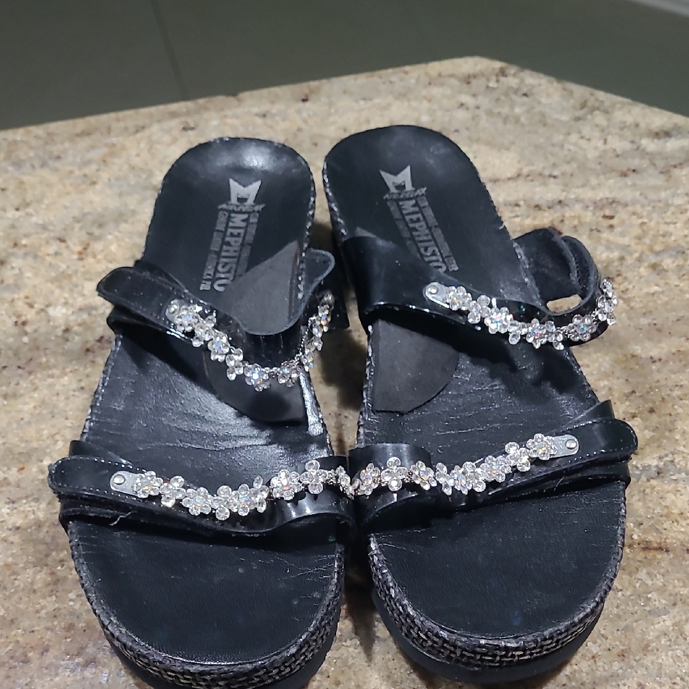 Mephisto Black Leather Rhinestones Sandals Size EU40 / US10